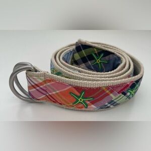 LL Bean D-Ring Web Belt Pastel Plaid Preppy Nautical Seaside Coastal 45.5”in